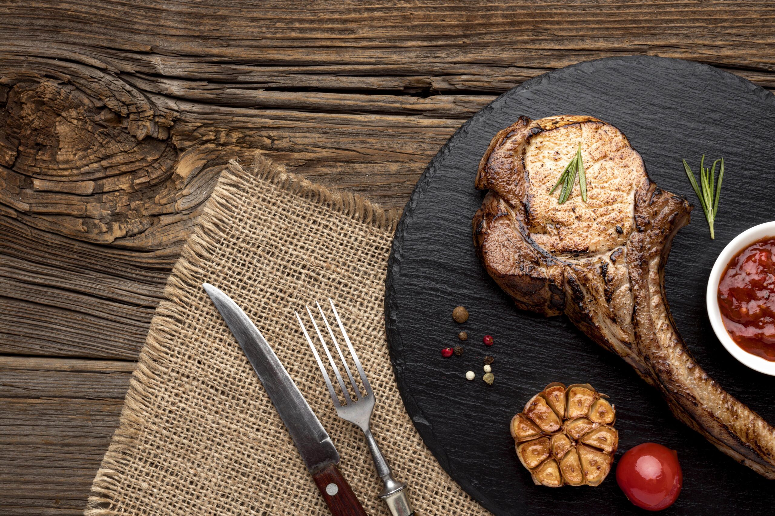 La bistecca di tomahawk è uno dei tagli più curiosi di carne. Il suo nome deriva da un'antica ascia da battaglia dei nativi americani. Nella foto, la bistecca è servita su un piatto.