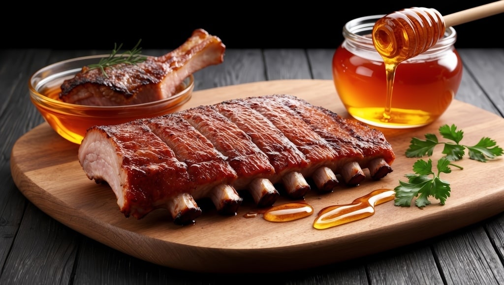 Il miele nelle ricette di carne viene adoperato da tempo con grande successo. Nella foto, delle costine di maiale glassate al miele.