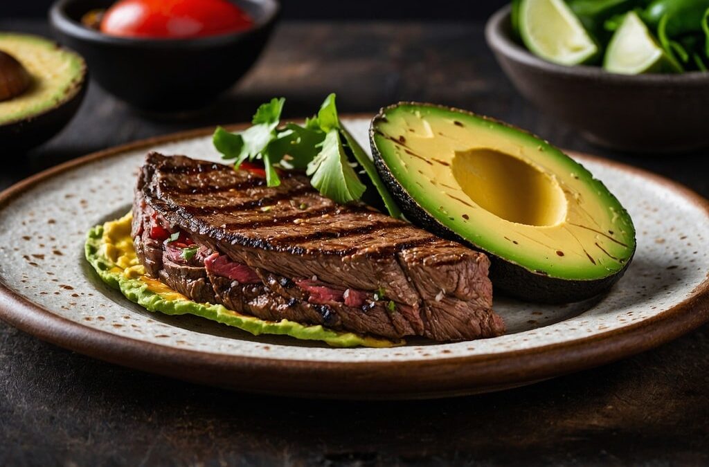 la carne con avocado è uno degli abbinamenti estivi più deliziosi, alla base di molte ricette semplici e sfiziose. Nella foto, un arrosto con vicino una buccia di avocado.