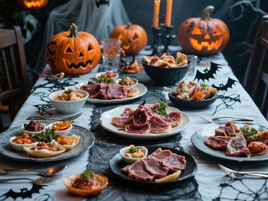Di antipasti di carne a tema Halloween ce ne sono tantissime, perfetti non solo per la notte delle Ognissanti, ma per tutta la spooky season. Nella foto, una tavola imbandita con diversi antipasti di carni, la nostte di Halloween.